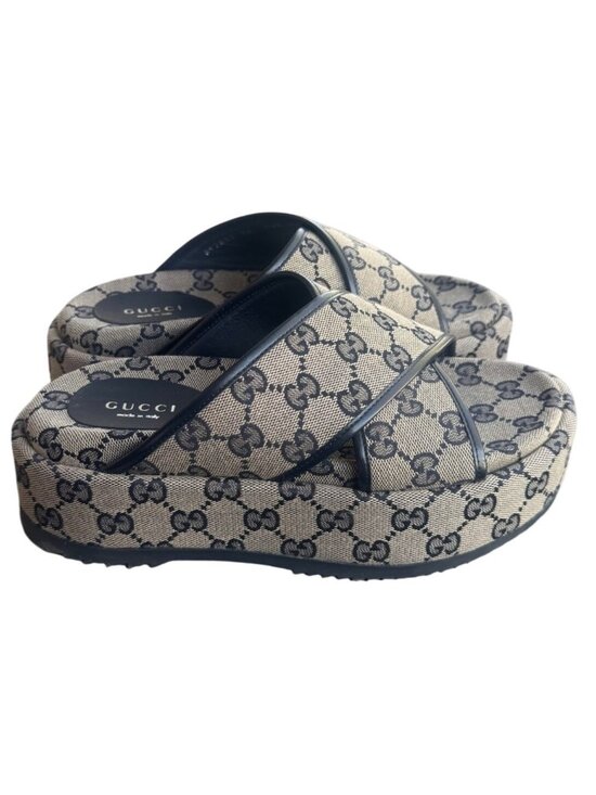 Gucci Shoes - Gucci GG Canvas Platform Sandals Beige/Black Womens Size 36 Made In Italy